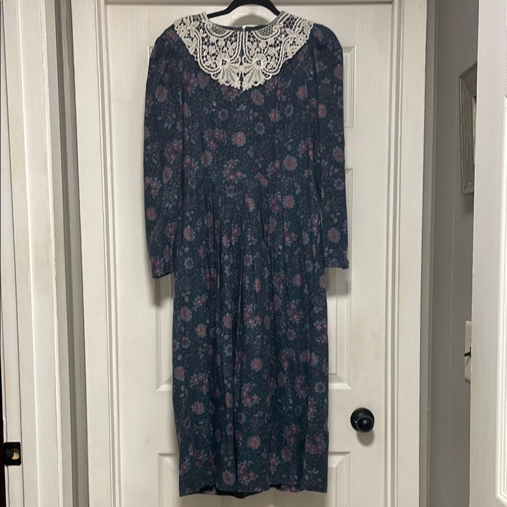 Laura Ashley Floral Lace Collar Dress - Blue and Pink
